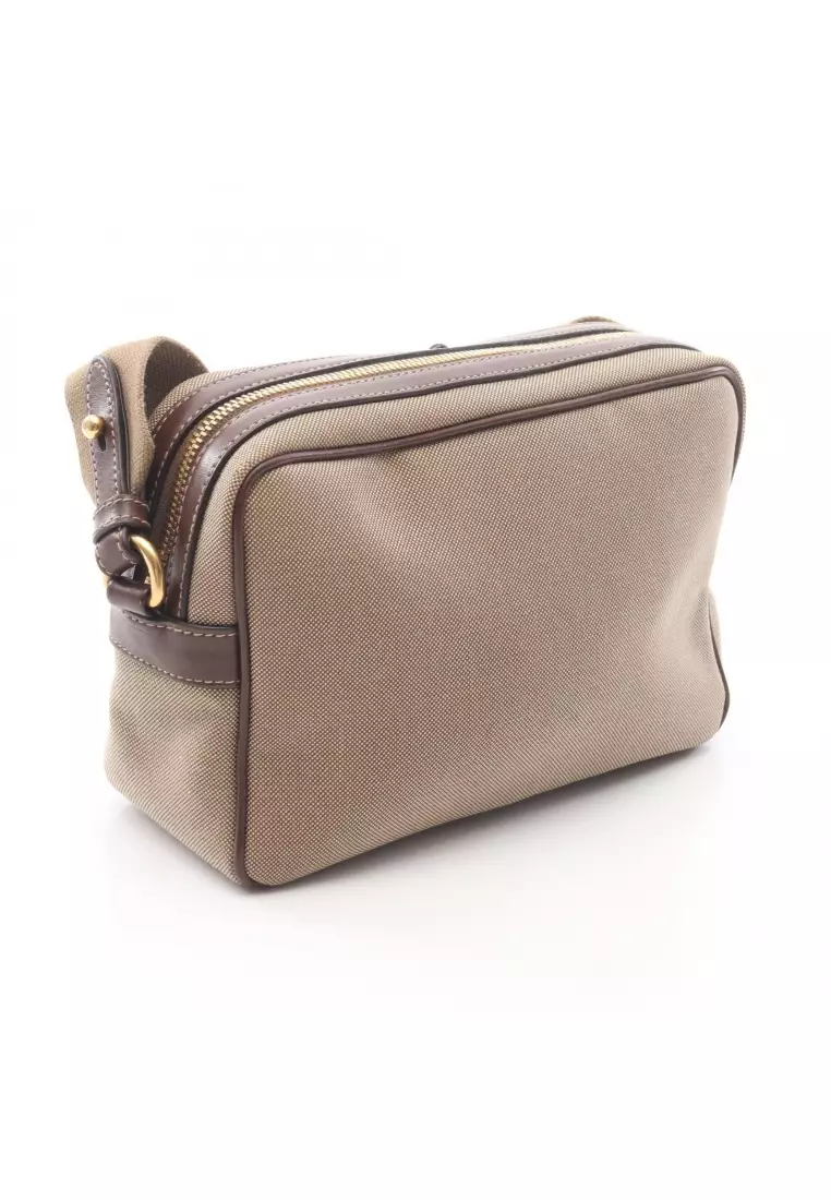 Pre-Loved Prada LOGO JACQUARD logo jacquard Shoulder bag canvas leather beige Dark brown