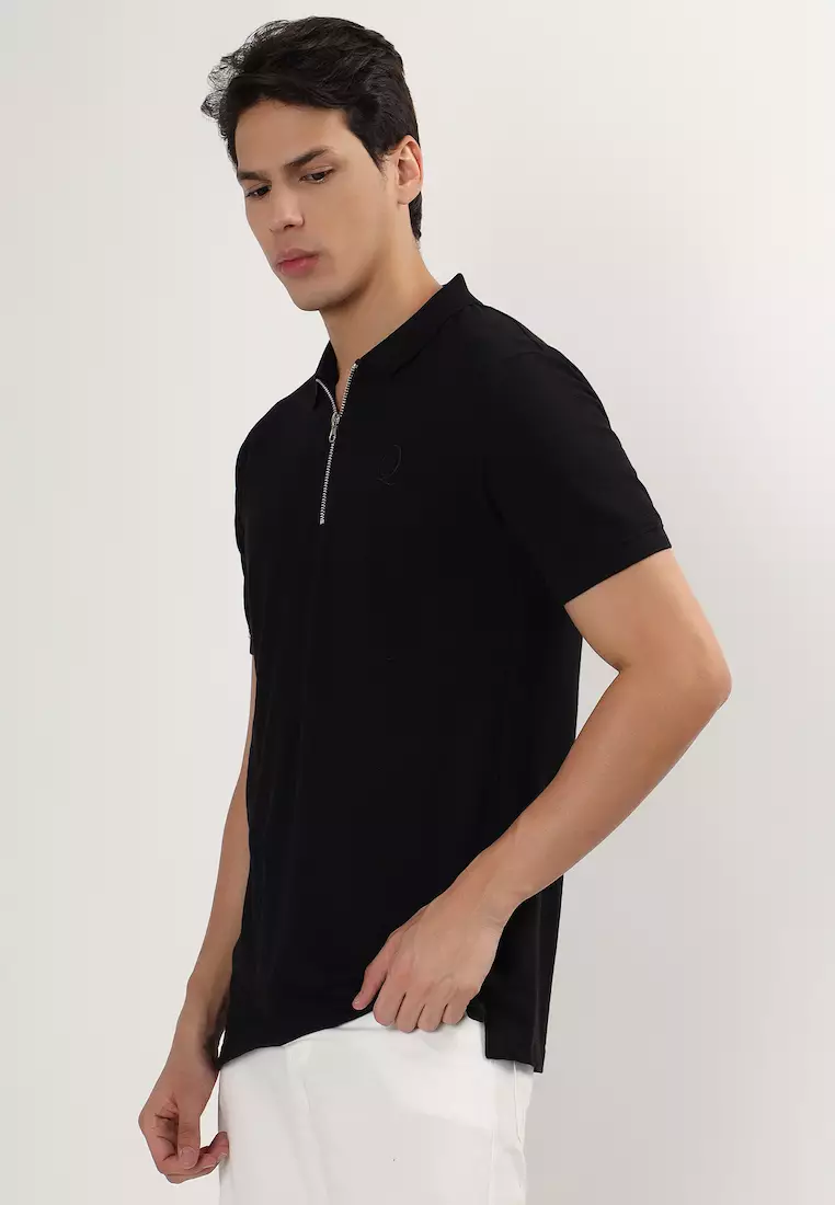 Mens Solid Black Cotton Relaxed Fit Polo Shirt/Tshirt With Zip, Short Sleeve, Activewear, Casual Wear