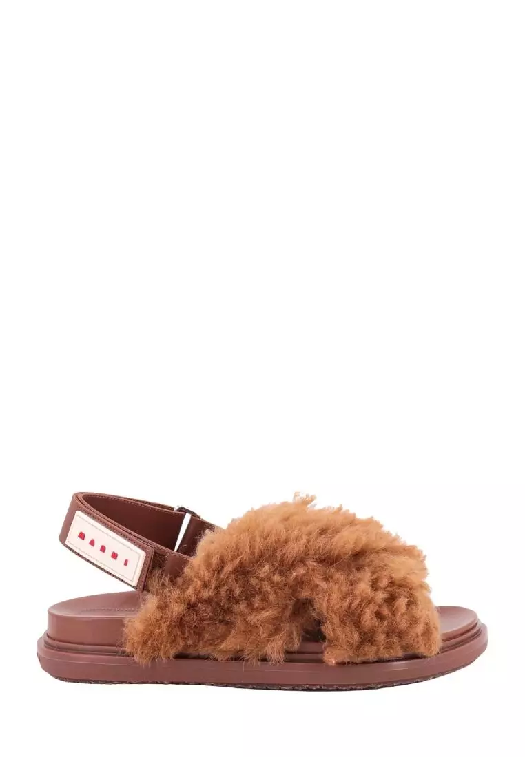 MARNI Leather sandals with faux fur Brown