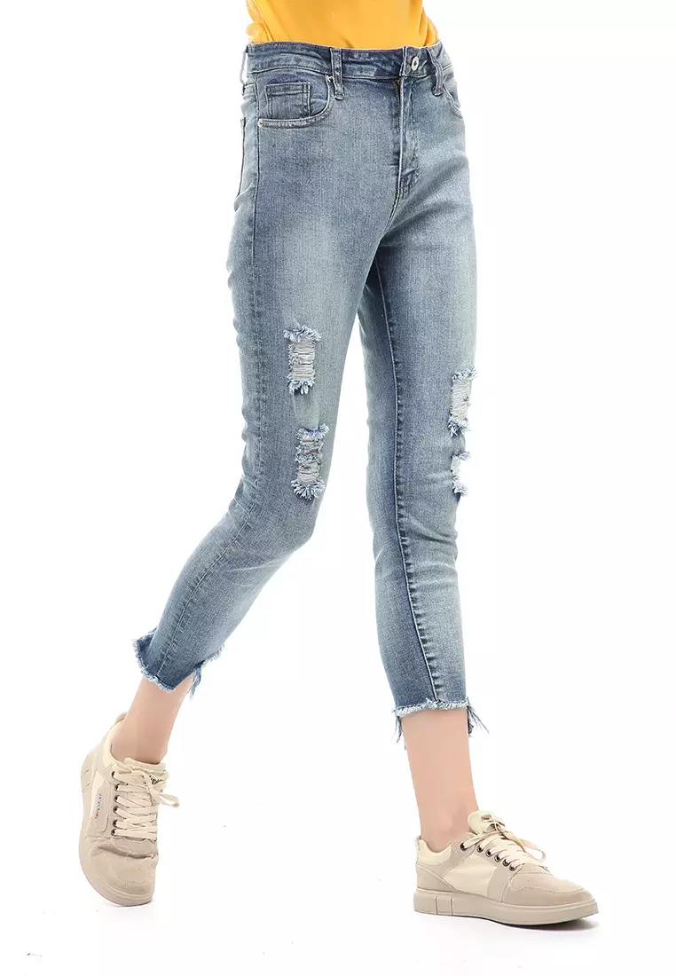 Skinny Jeans Aksen Ripped Bawahan Wanita Regular Fit - Ripped 2