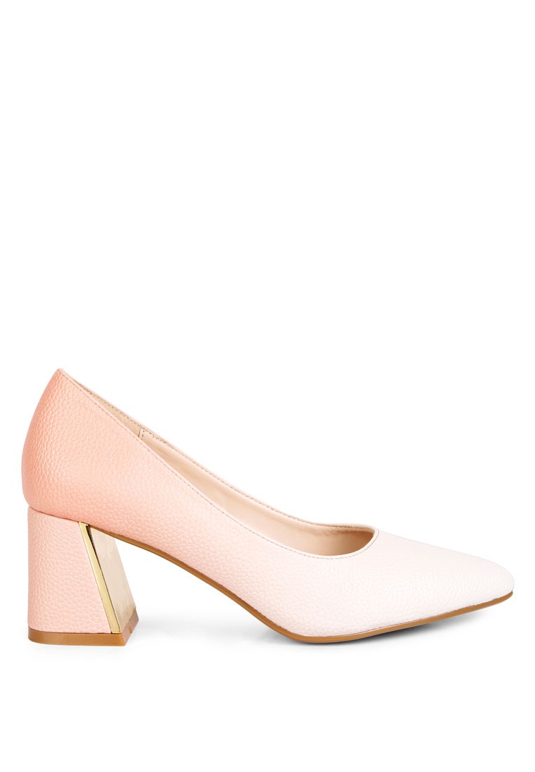 Beige & White Metallic Accent Block Heel Pumps
