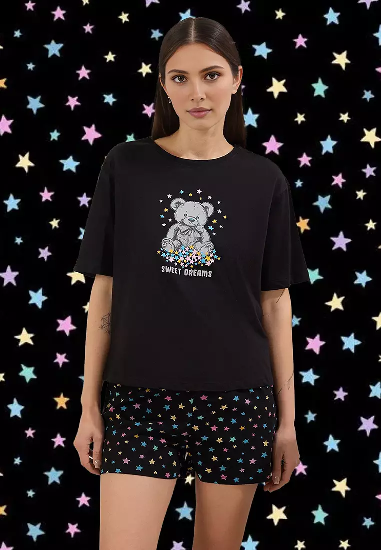 Black-Multicolored 100% Cotton Teddy Bear And Star Printed Shorts Knitted Pajama Set Thmss25Pt00350