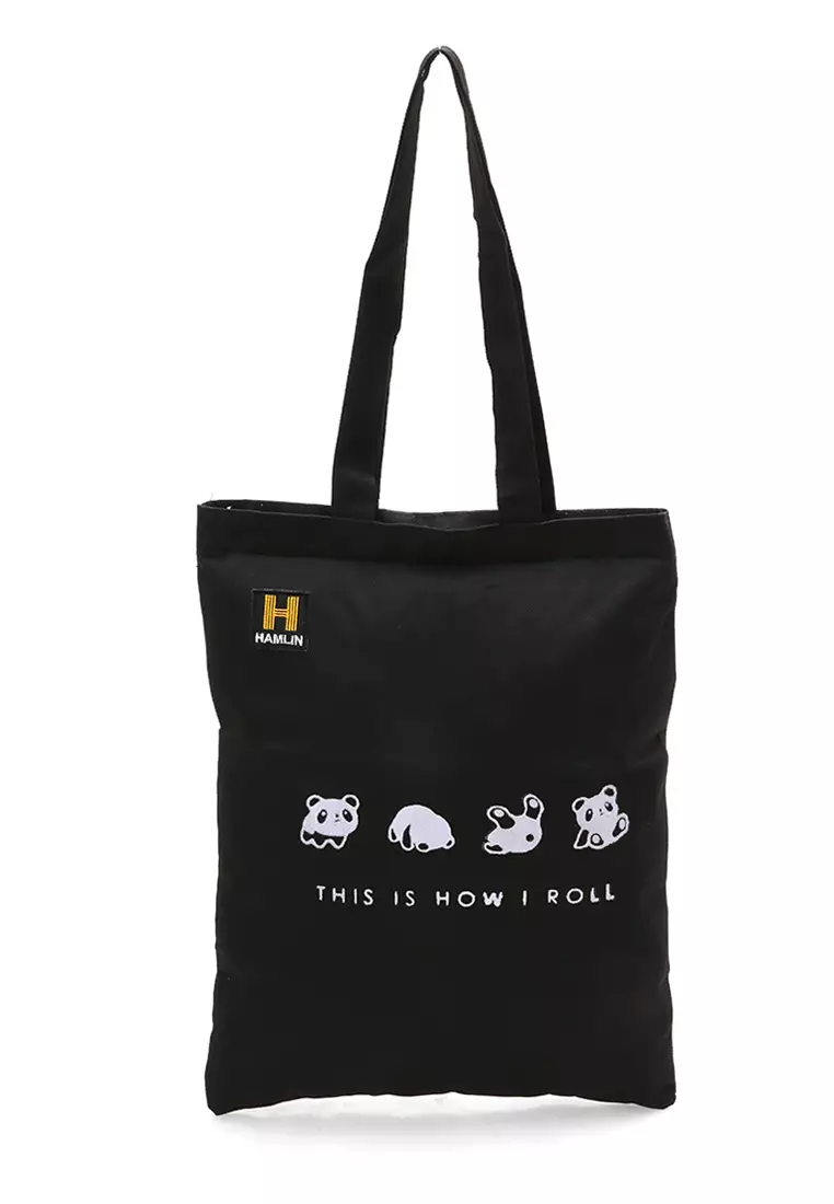 Hamilton Totebag Pria Wanita Motif Panda Large Compartment Material Dinir ORIGINAL - Black