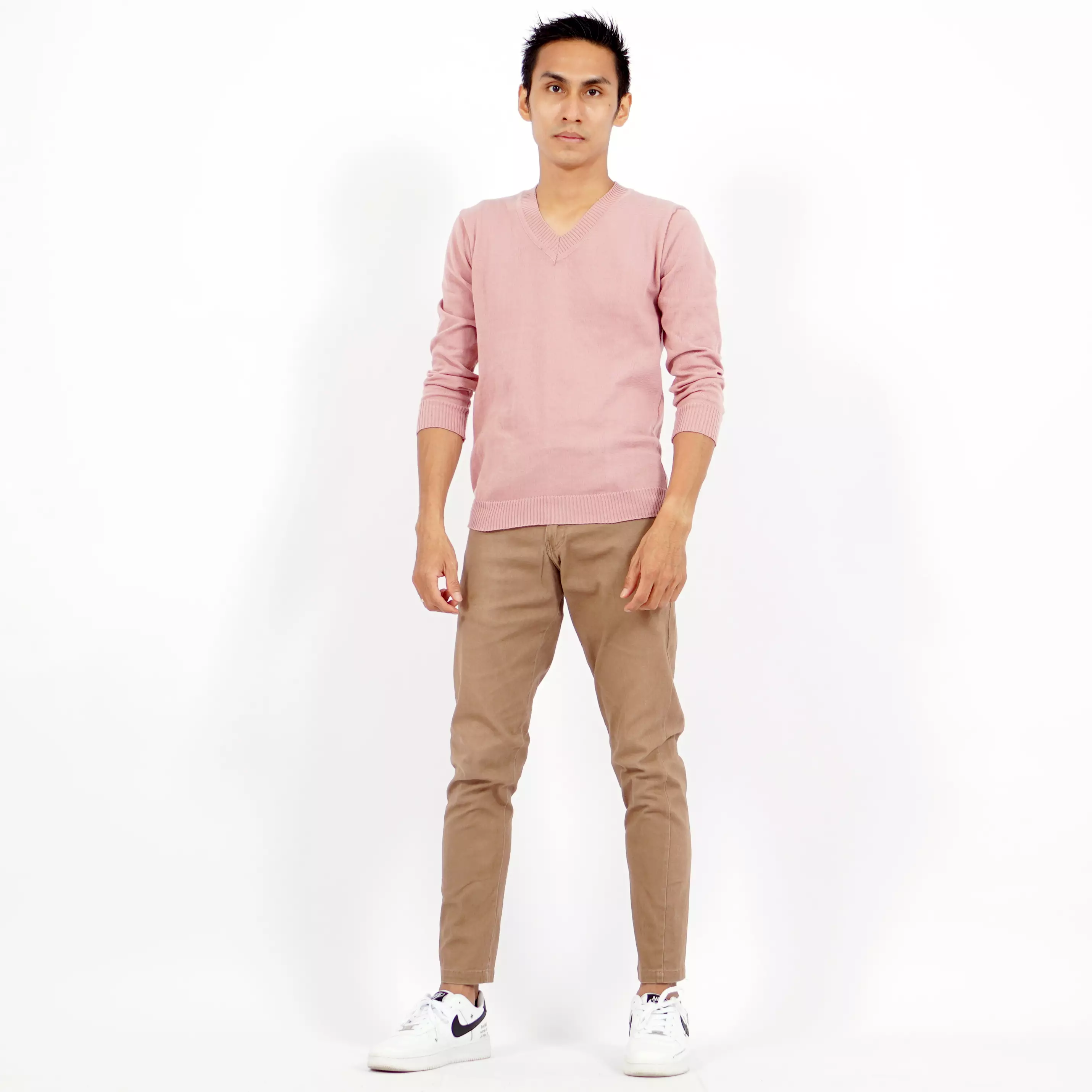  Vleur Outer Pria Gaya Kore Sweater Rajut Pria Leher V - PINK