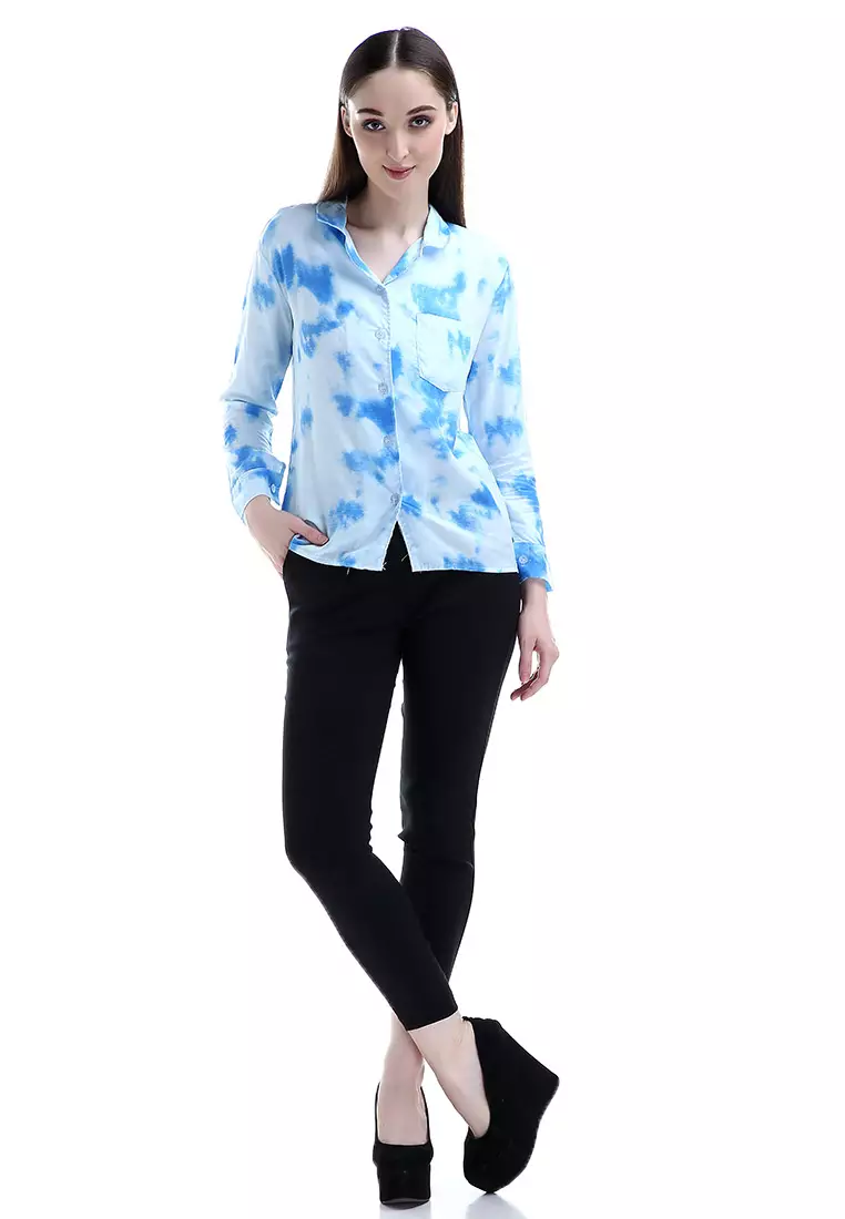 Oakley Long Shirt Tie Dye Design Simple Kemeja Atasan Wanita - Biru