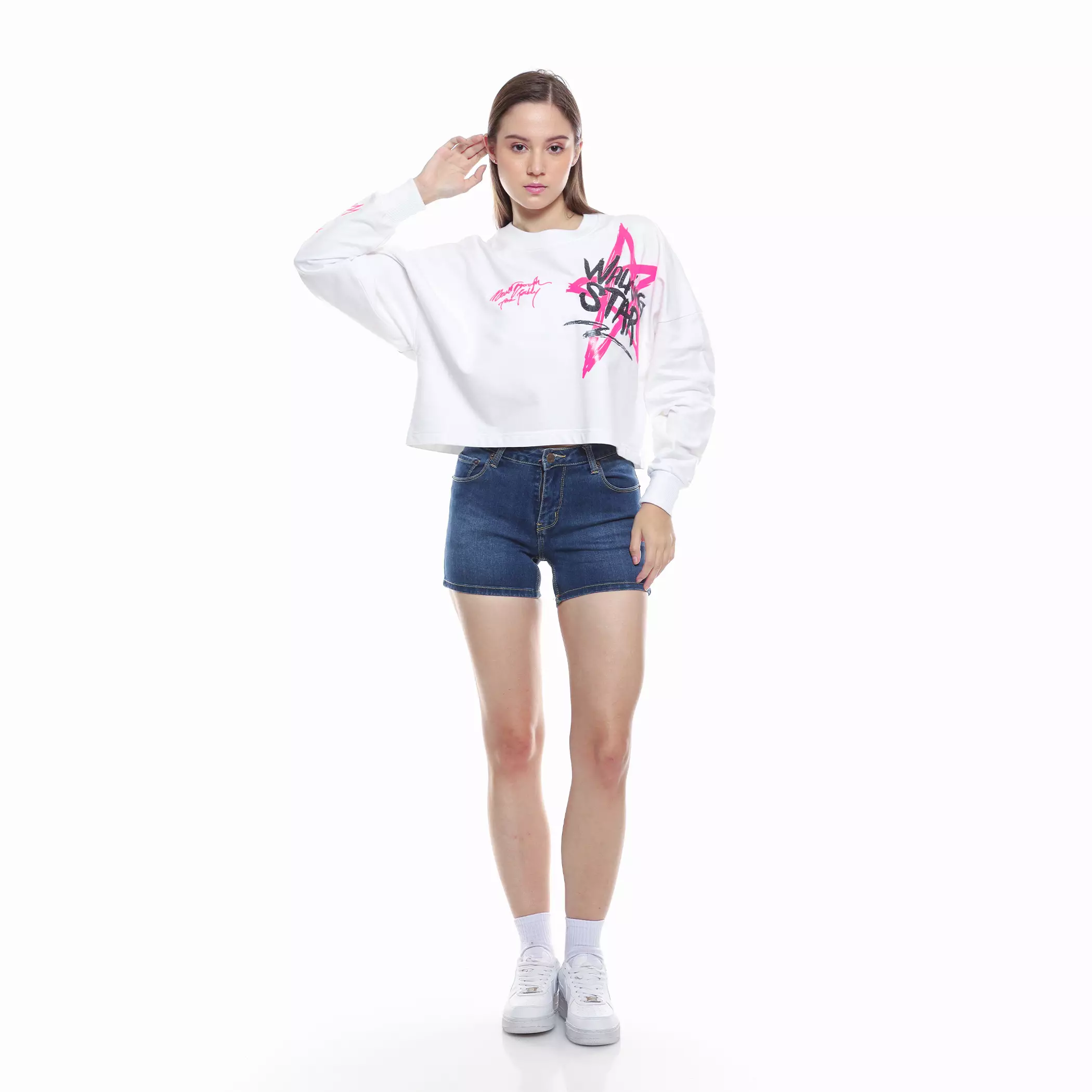 Enough For Today - Sweater Crewneck Crop Oversize Wanita Putih WalkingStar