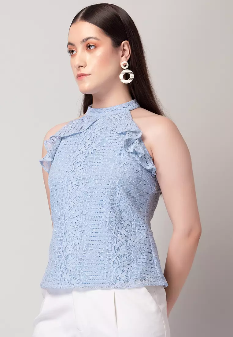 Pastel Blue Halter Neck Ruffle Top