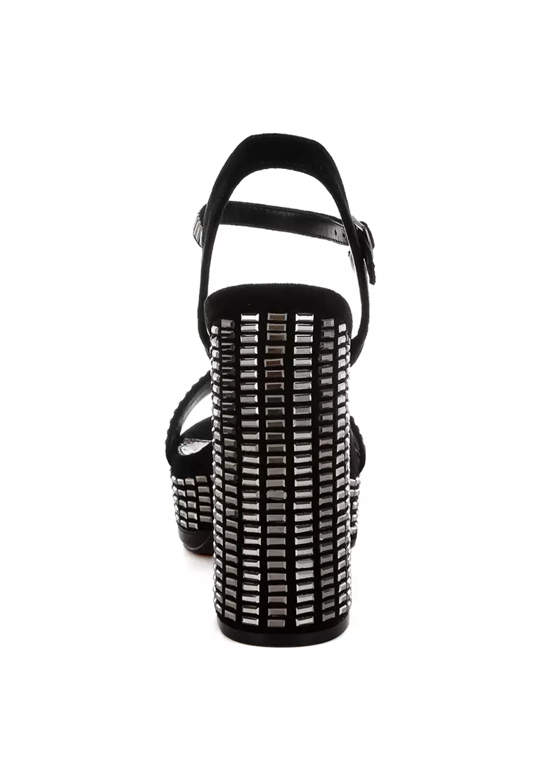 Sepatu hak bertali pergelangan kaki berhiaskan berlian imitasi warna hitam