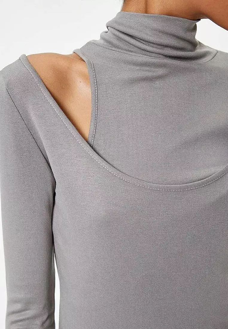 Long Sleeve T-Shirt Turtleneck Window Detailed Viscose Fabric