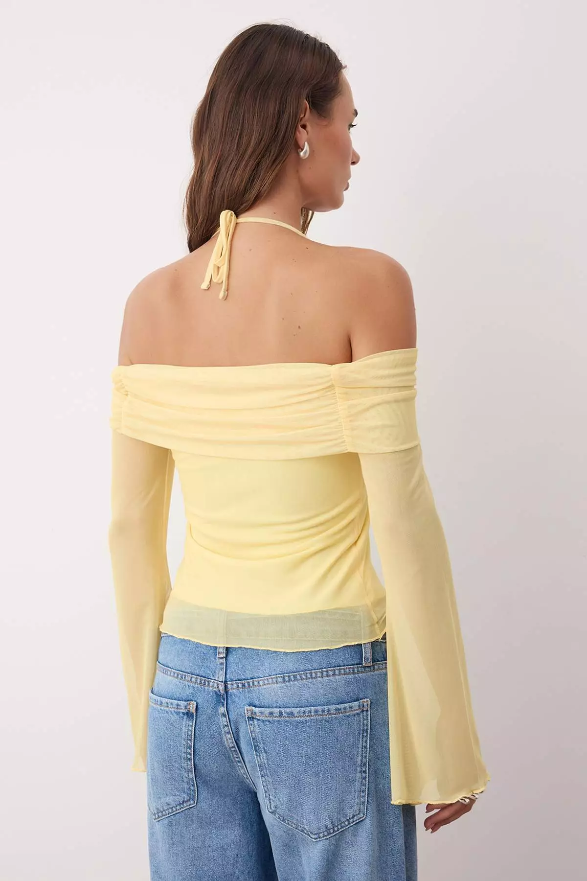 Light Yellow Flare Sleeve Tie Detail Knitted Madonna Collar Blouse Twoss24Bz00046