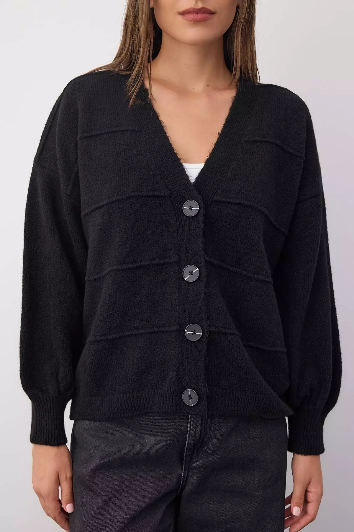 Black Soft Textured Wide Pattern Knitwear Cardigan