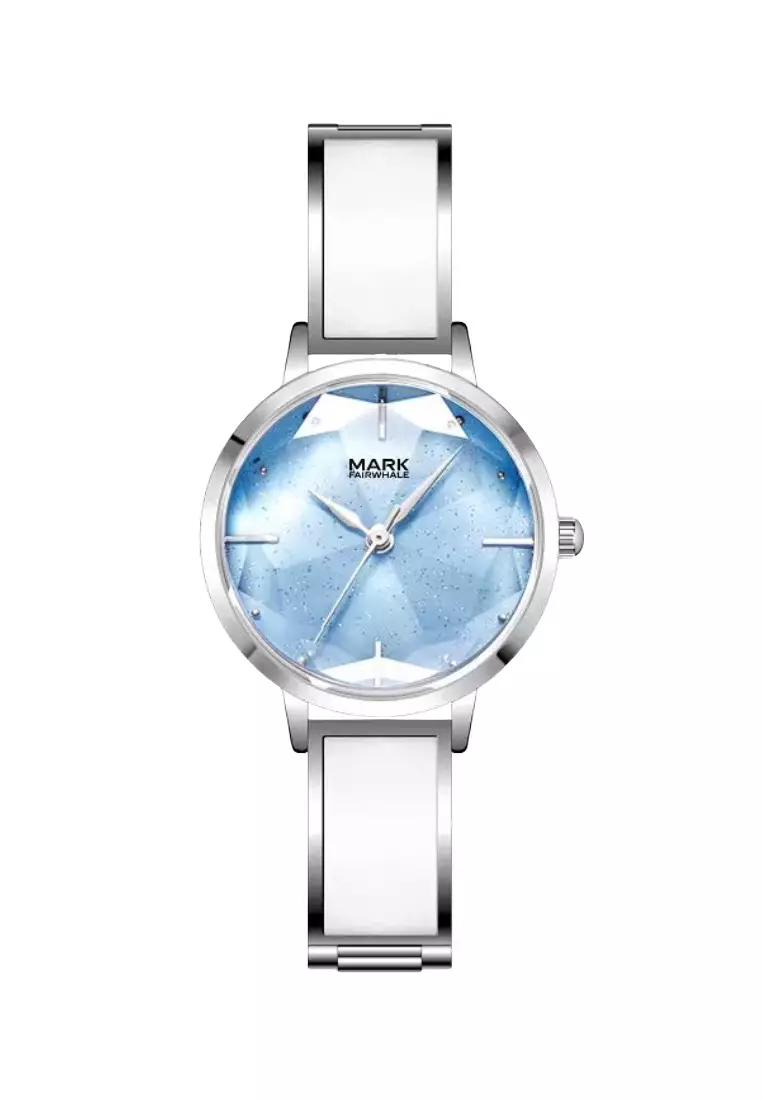 Ladies Quartz Watch, Faceted Glass, Stainless Steel and Leather Bracelet