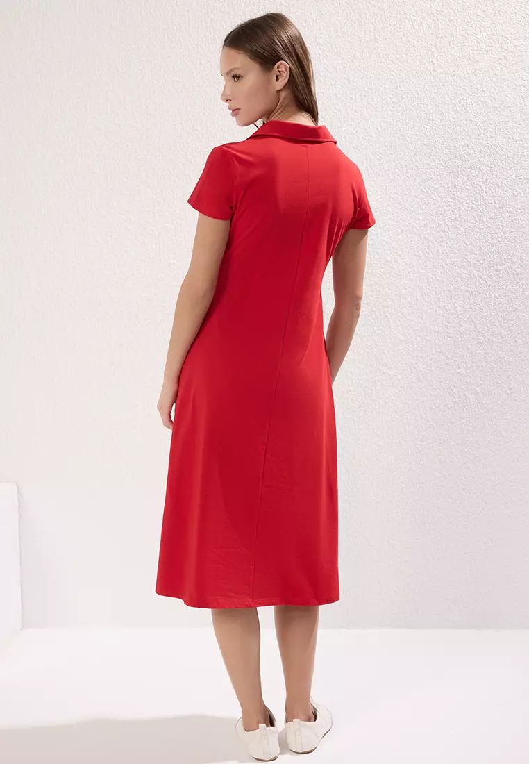 Polo Neck Skater/Waist Open Cotton Stretch Knit Midi Dress