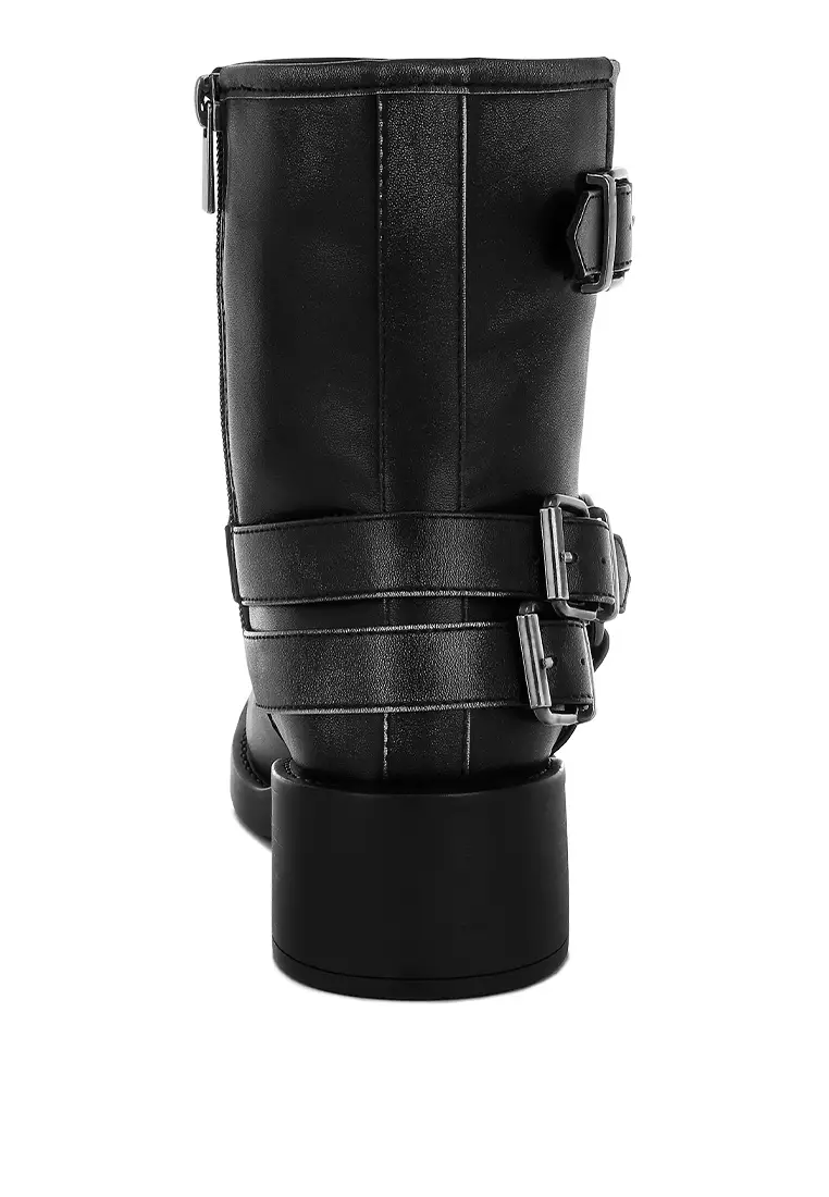 Harness Detail Biker Boots in Black