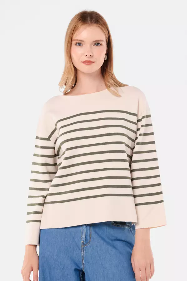 MINIMAL - Joanne - Sweater Rajut Motif Garis - Off White Warna Offwhite