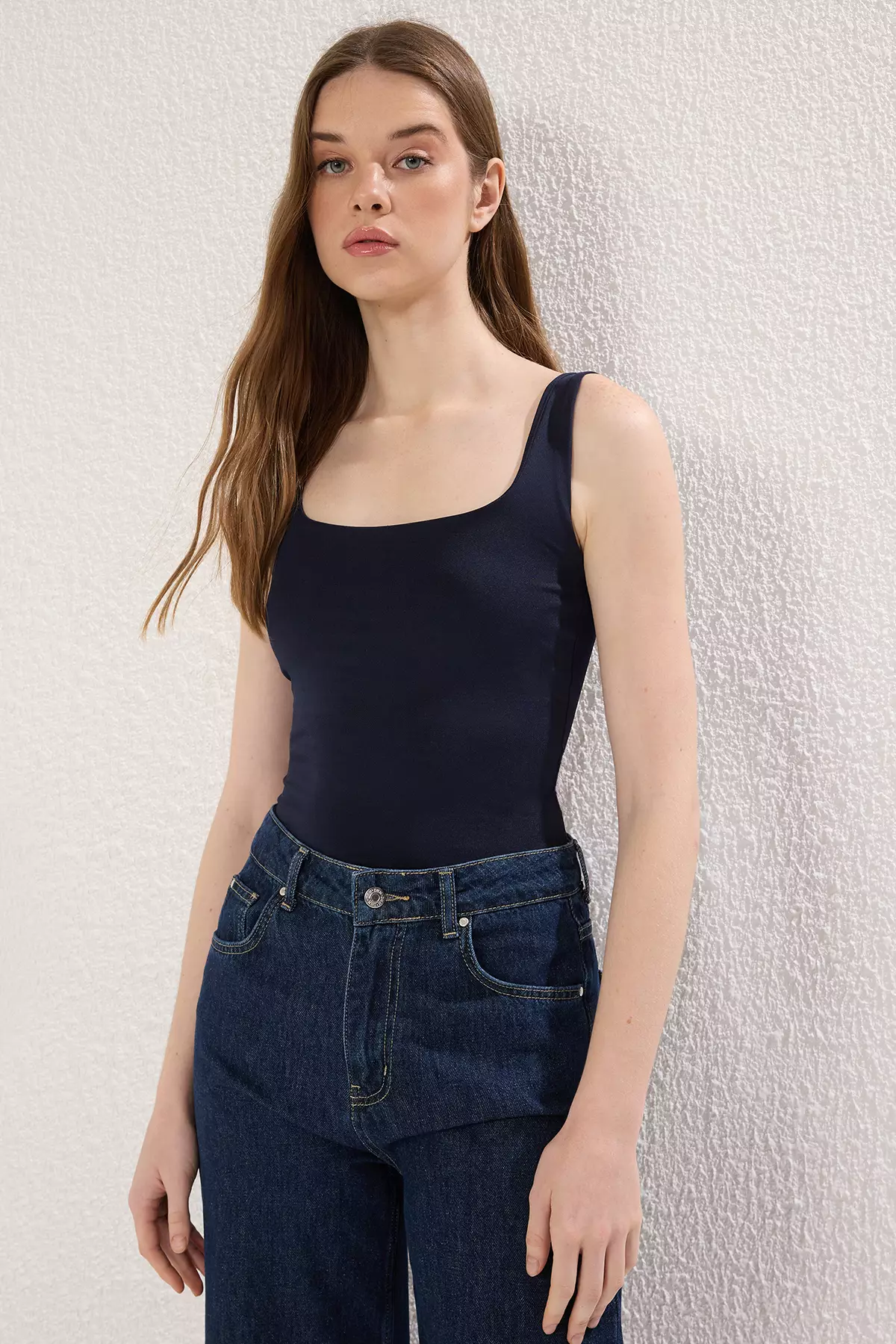 Navy Blue Fitted/Fits on the Body with Back Detail Square Neck Snap Elastic Knitted Bodysuit TWOSS24BD00026