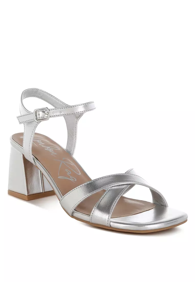 Square Toe Block Heel Sandals in Silver