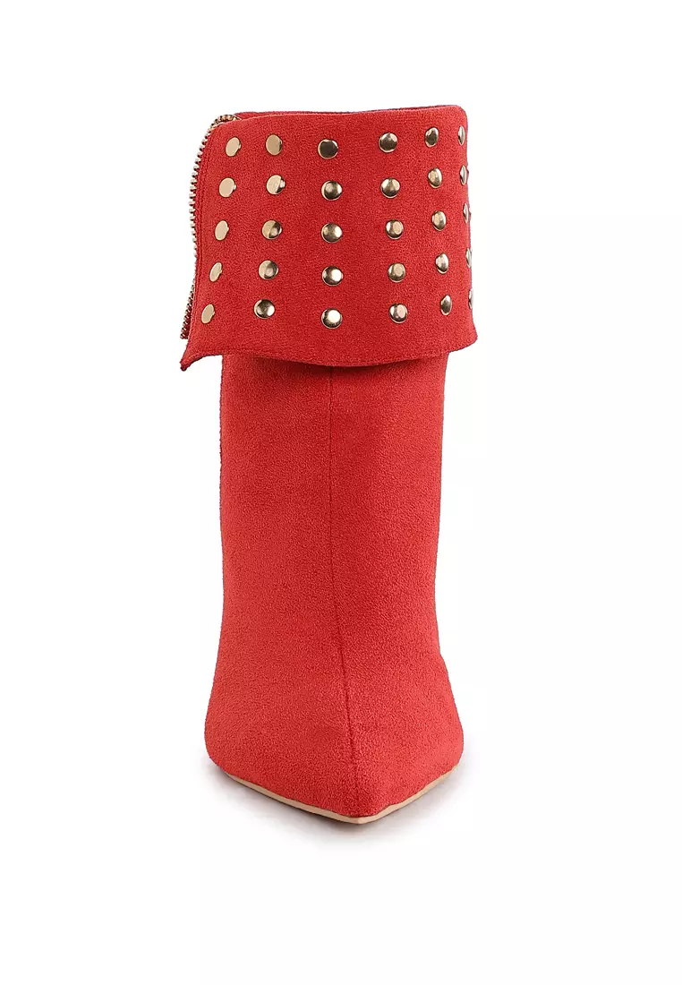 Sepatu Bot Lipat Berhias Stud Warna Merah