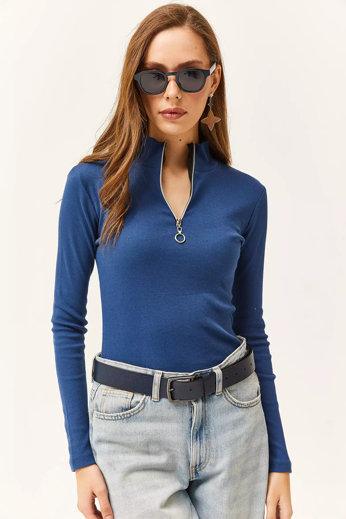 Women's Indigo Zippered Turtleneck Lycra Blouse