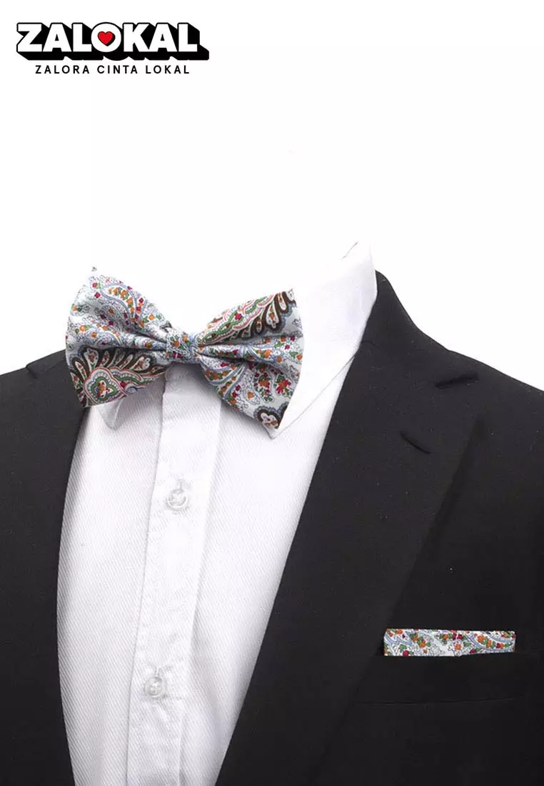 Houseofcuff Dasi Kupu Bowtie Pocket Square Saputangan Abu Bunga A32