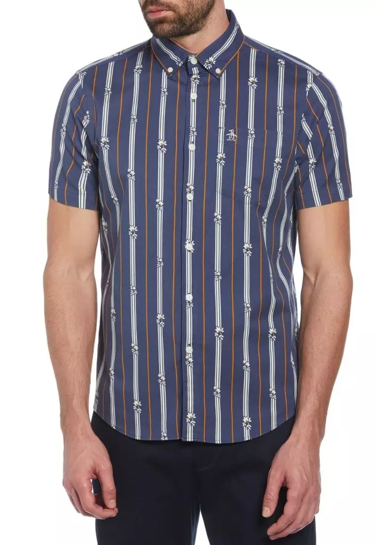 Ecovero™ Blend Vertical Stripe Short Sleeve Button-Down Shirt