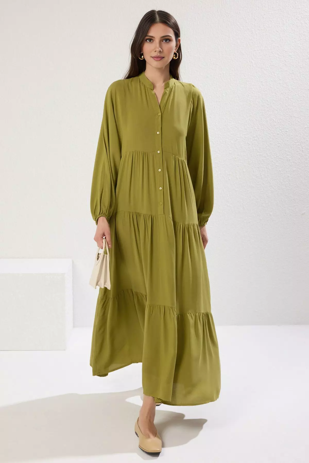 Oil Green Viscose Woven Dress Tctss24Eb00221