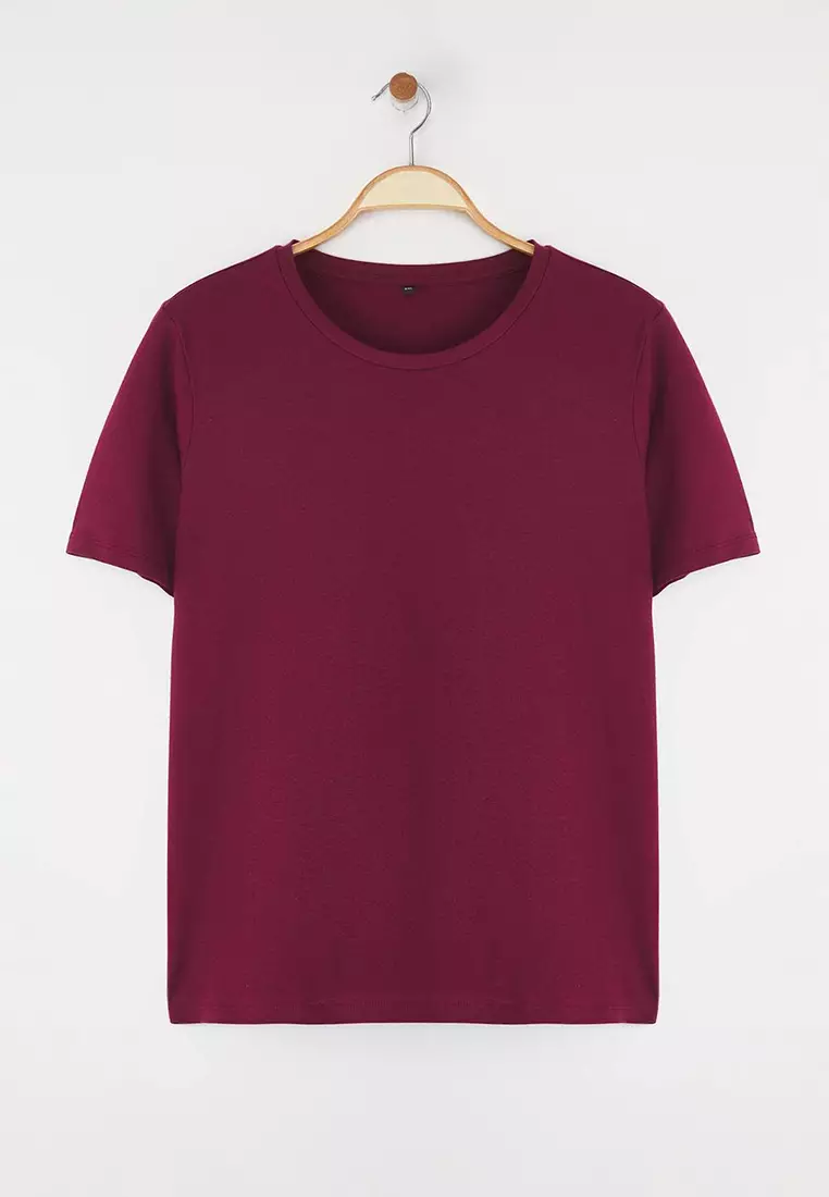 Claret Red Regular Fit Basic Crew Neck 100% Cotton Knitted Plus Size T-Shirt Tbbss22Ts0733