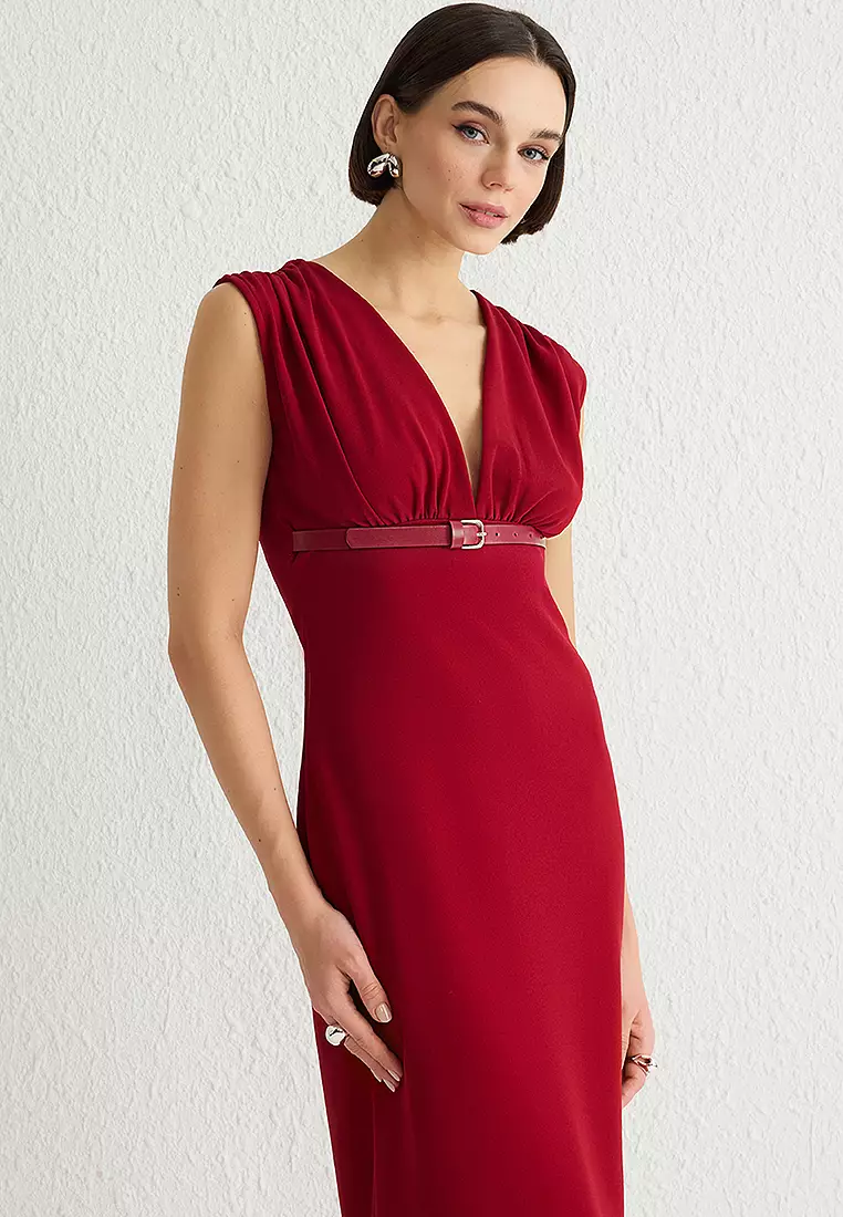 V領束腰連身中長針織連身裙