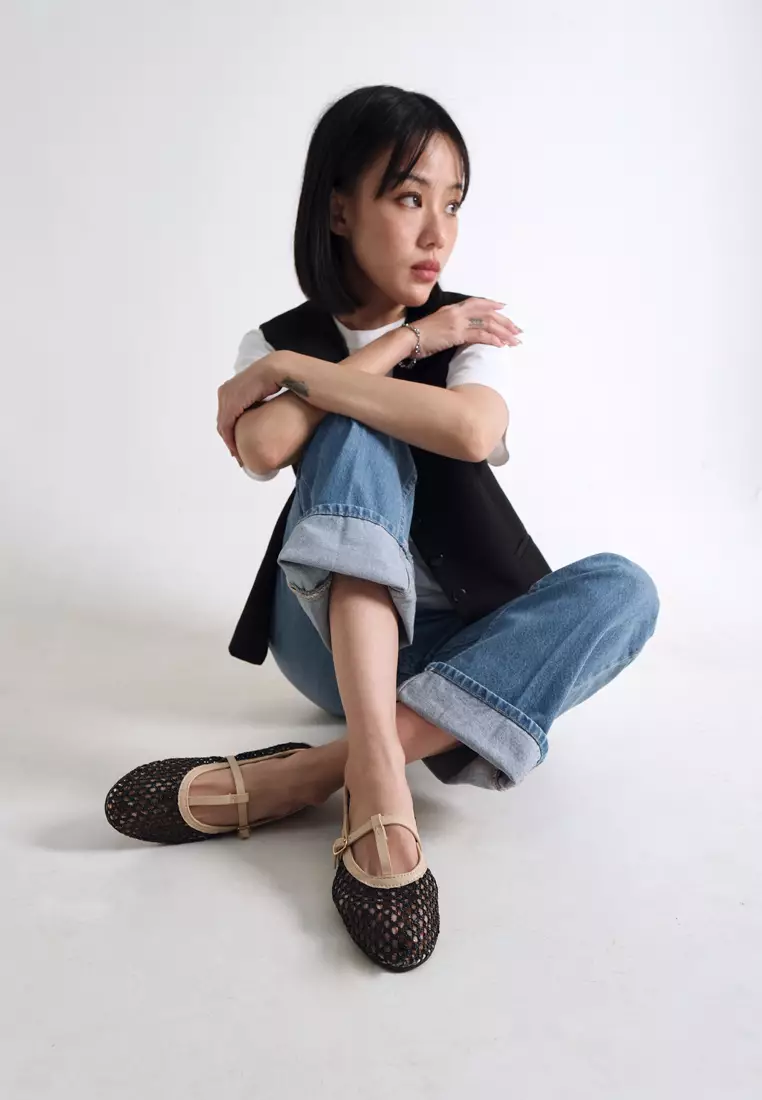 Aria Woven Mary Jane Flatshoes Summer Slip On in Black