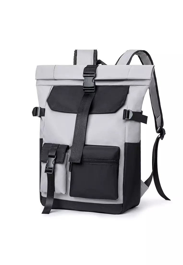 Men's Plain Capacious Wear-resistant Oxford Cloth Buckle Backpack - Light Grey