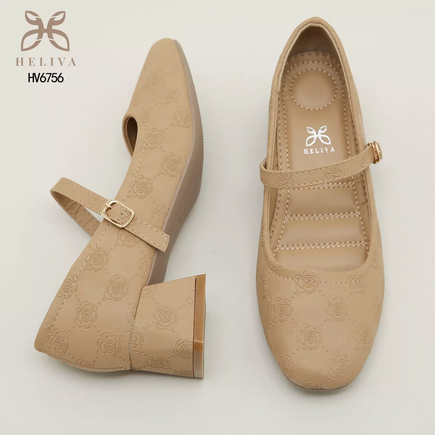 Heliva Kimmy Marry Jane Shoes Heels Chunky Embossed Flower Sol 5cm