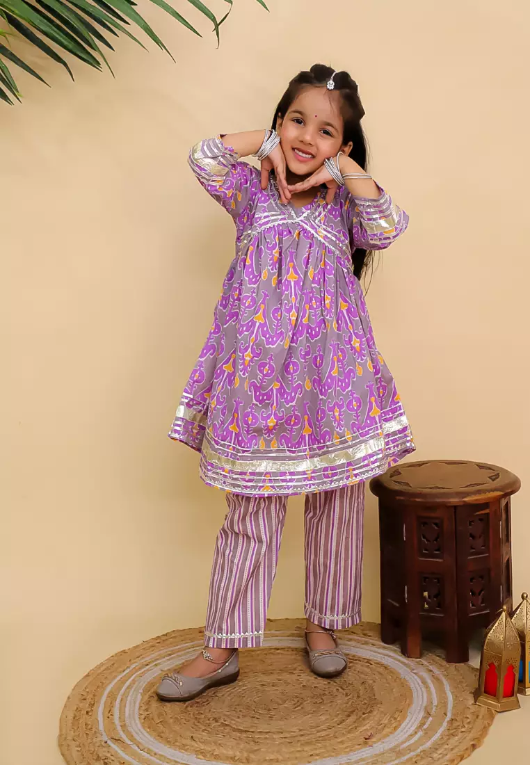 The Mom Store Sage Violet Girls Anarkali Kurta Set - Multi