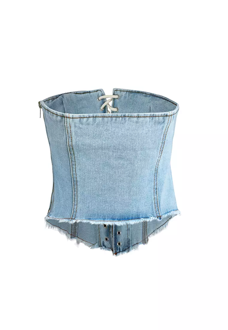 Atasan Korset Denim Renda Biru Muda