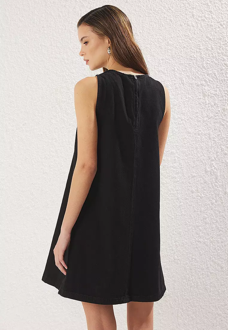 Black Flounce Oversize Mini Denim Dress