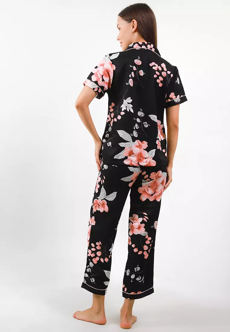 Piyama Pijama Baju Tidur Satin Silk Short Sleeve Long Pants Sleepwear