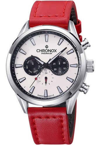 Chronox Speedracer CX2002/A4 - Jam Tangan Pria - Tali Kulit Merah - Putih Silver