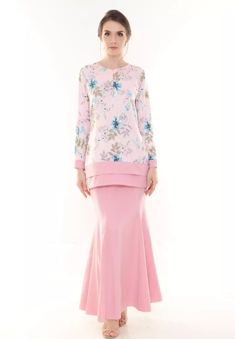 Ivy Printed Kurung Modern in Peach Pink