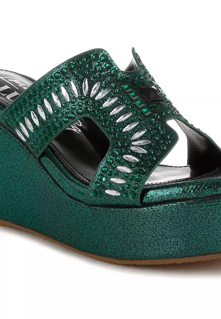Diamante & Rhinestone Detail Cut-Out Sandals in Green