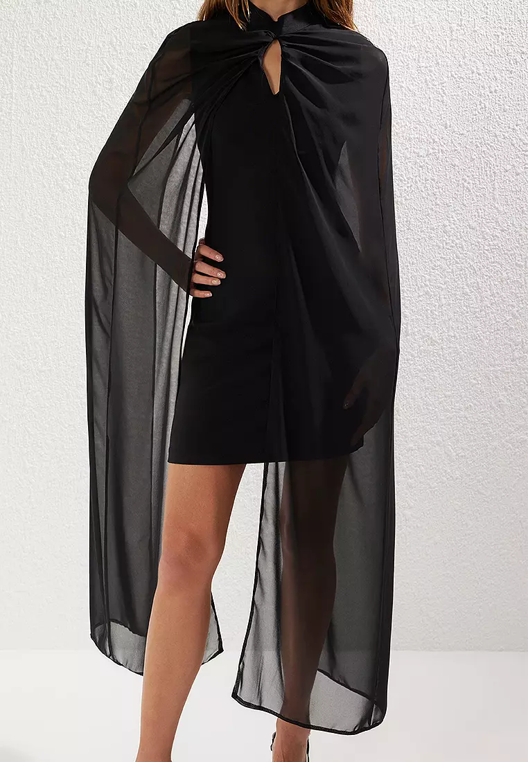 Black Cape Detailed Woven Elegant Evening Dress
