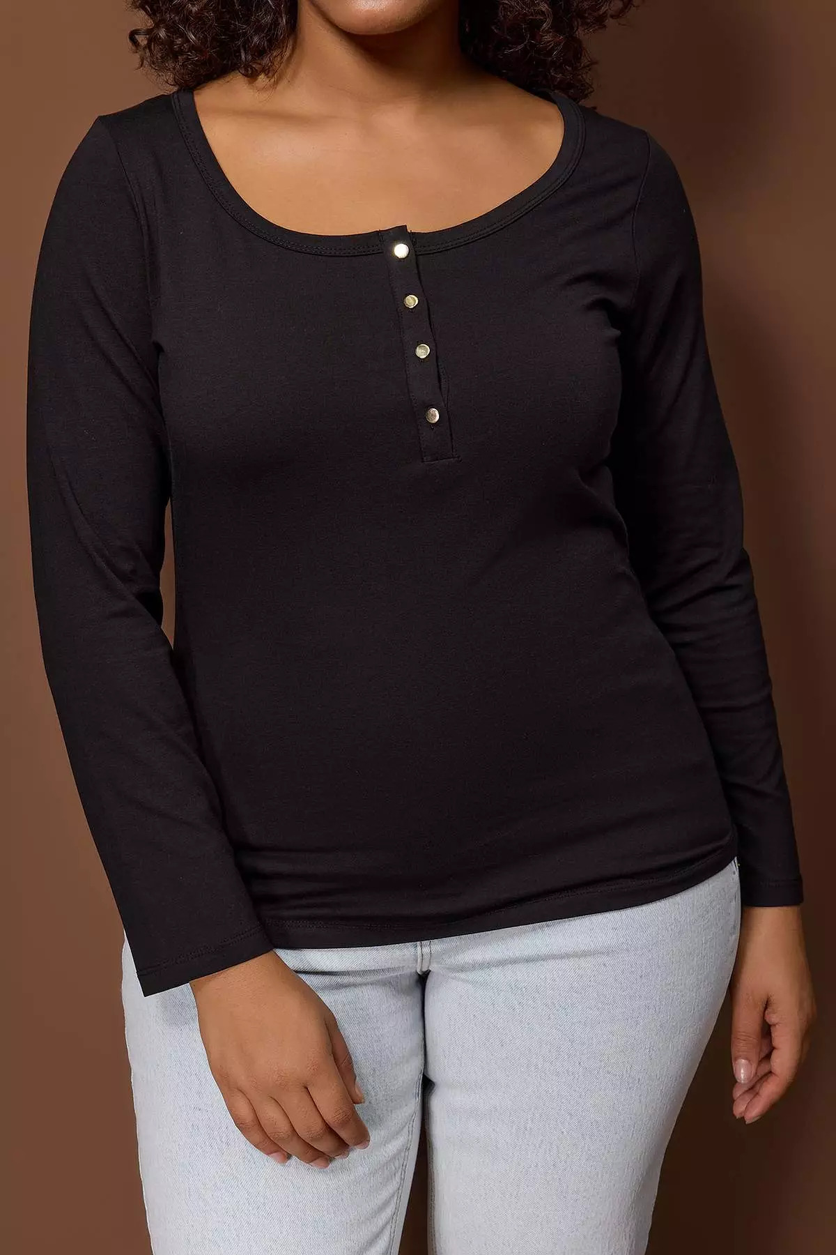 Black Knitted Bodycon Button Detail Plus Size Blouse Tbbaw26Af00008