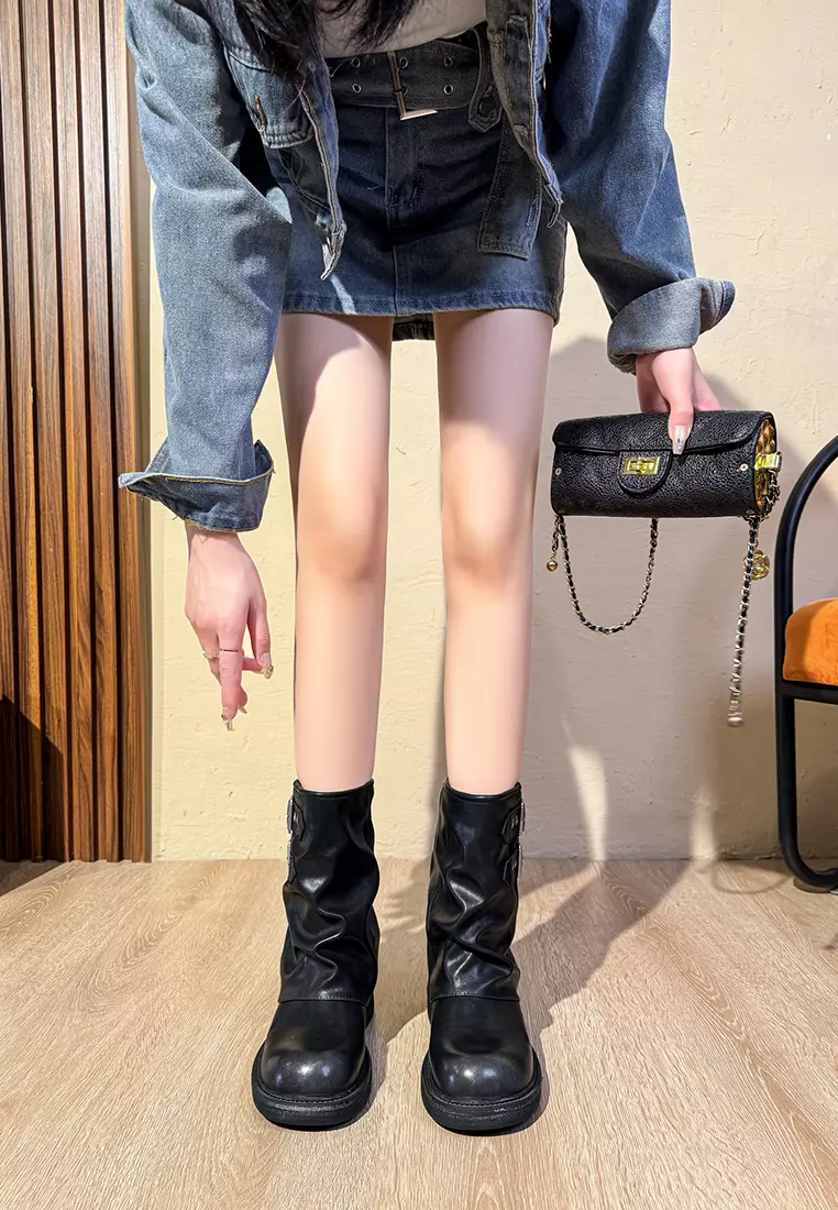 Double Buckle Synthetic Leather Foldover Boots TE1326-5