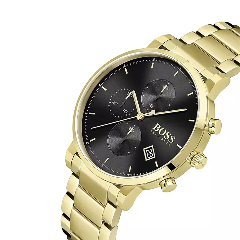 Jam Tangan Pria Hugo Boss Integrity 1513781 Men Chronograph Black Dial Gold Stainless Steel Strap