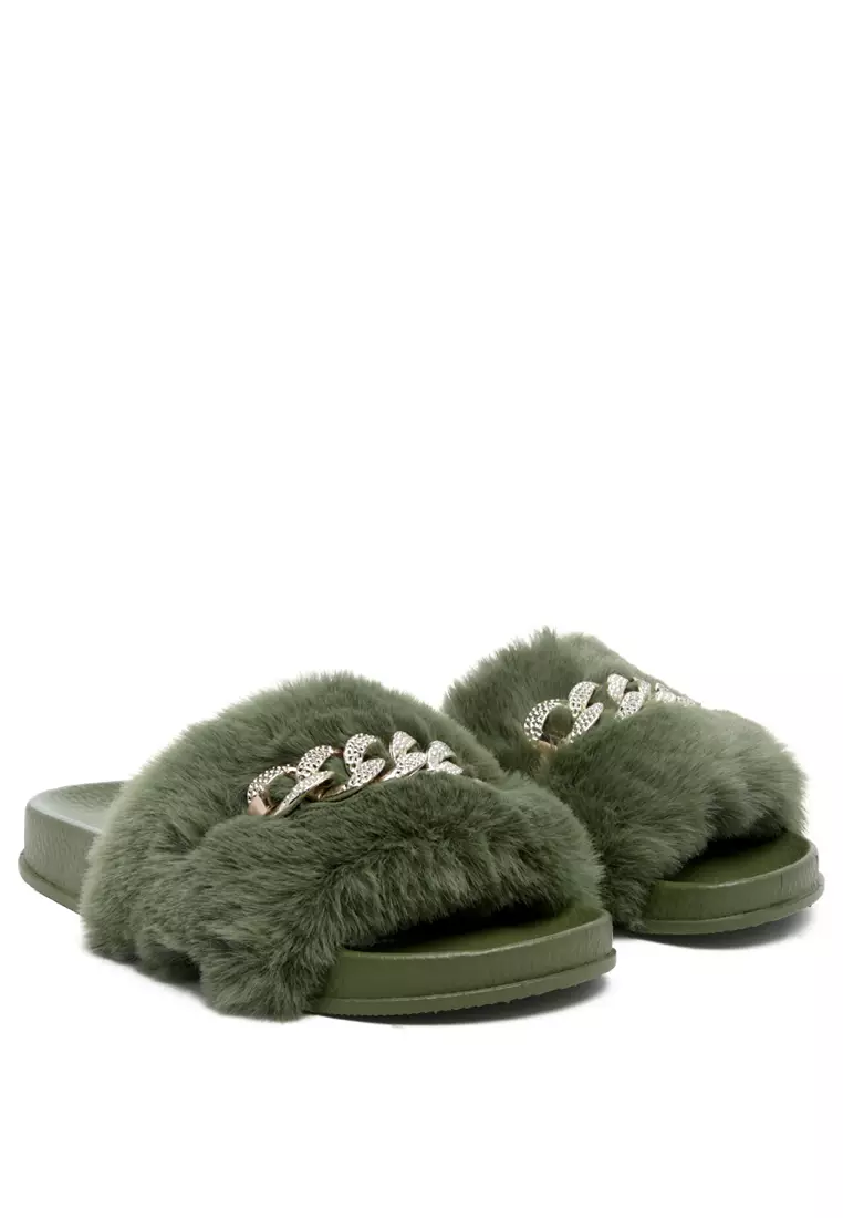 London Rag Metal Chain Detail Fur Slides in Olive 2024 Buy