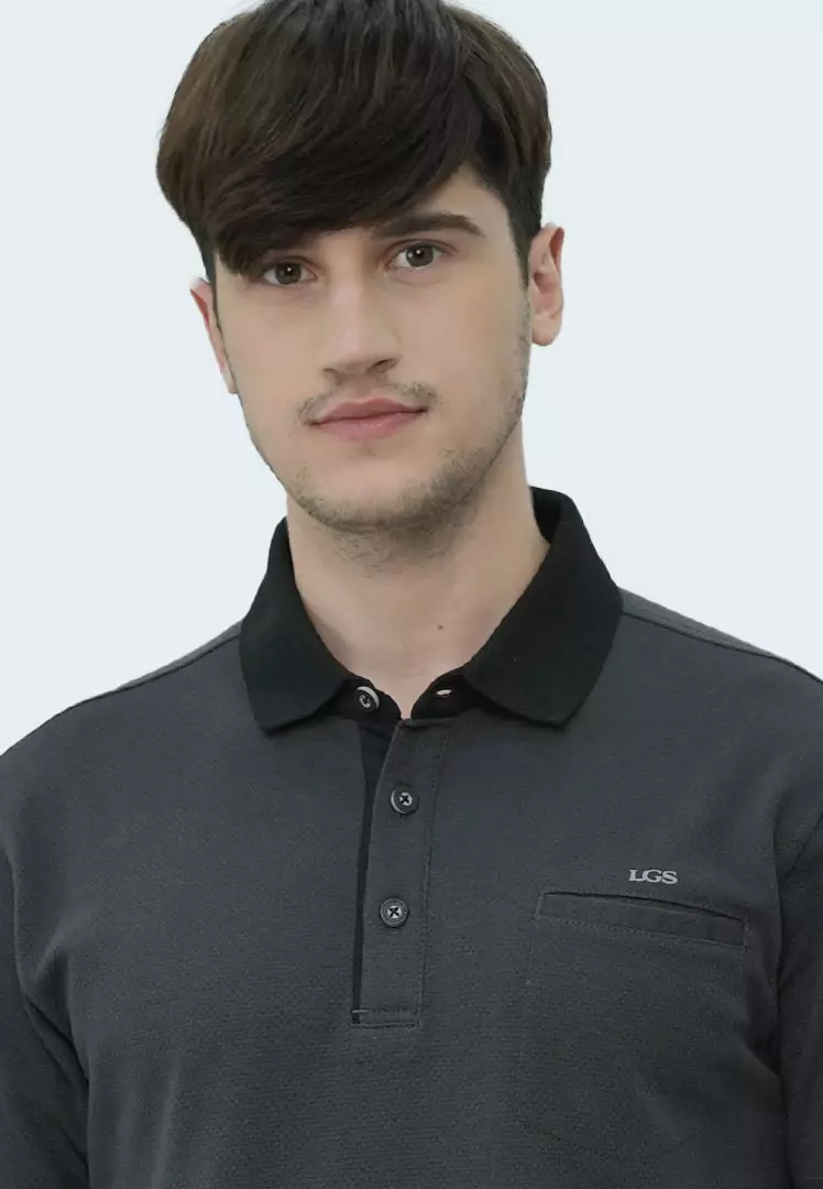 LGS - Kaos Polo Casual Pria - Lengan Pendek - Motif Polos Basic - Bertekstur Popcorn - Abu Tua - CWS.225.U3398.01.C