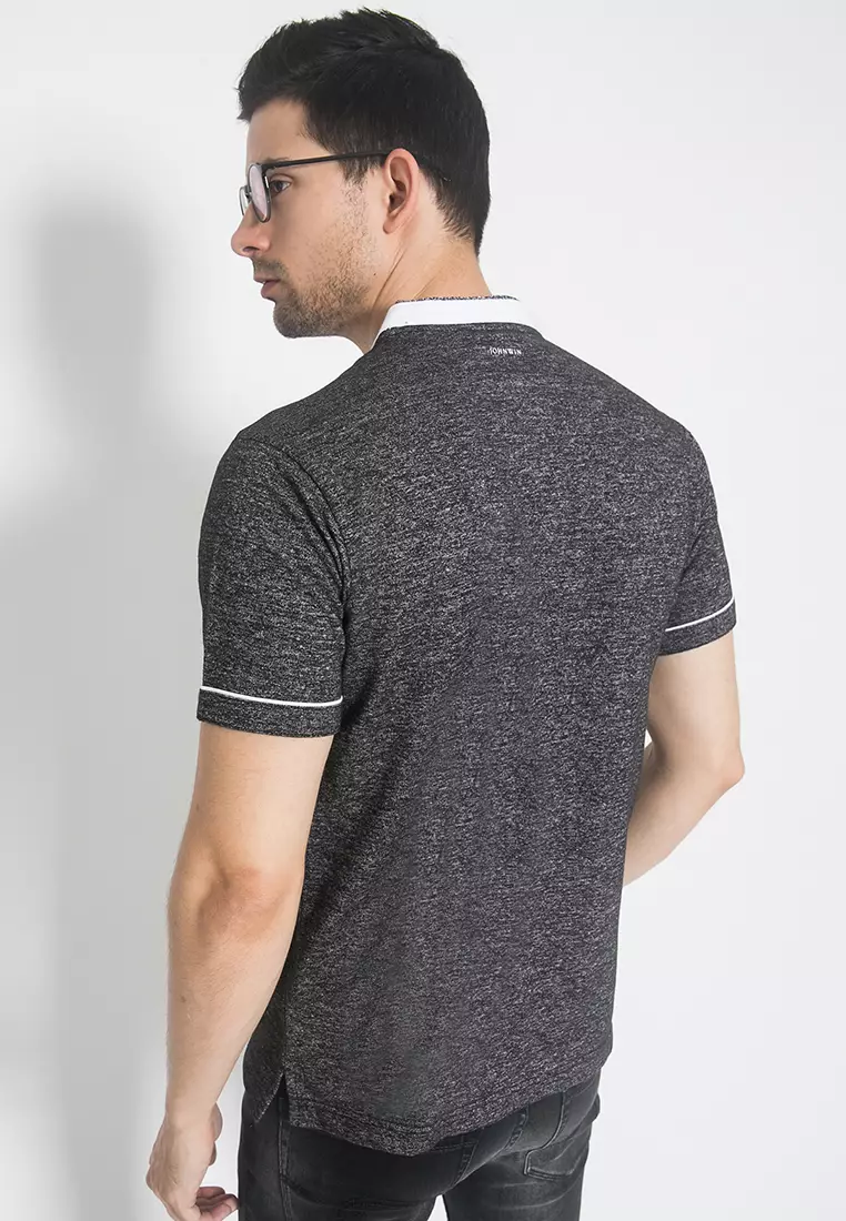 Johnwin - Kaos Henley - Kaos Pria - Kerah Shanghai - Hitam - ATS.630.M461.01.C-S/S