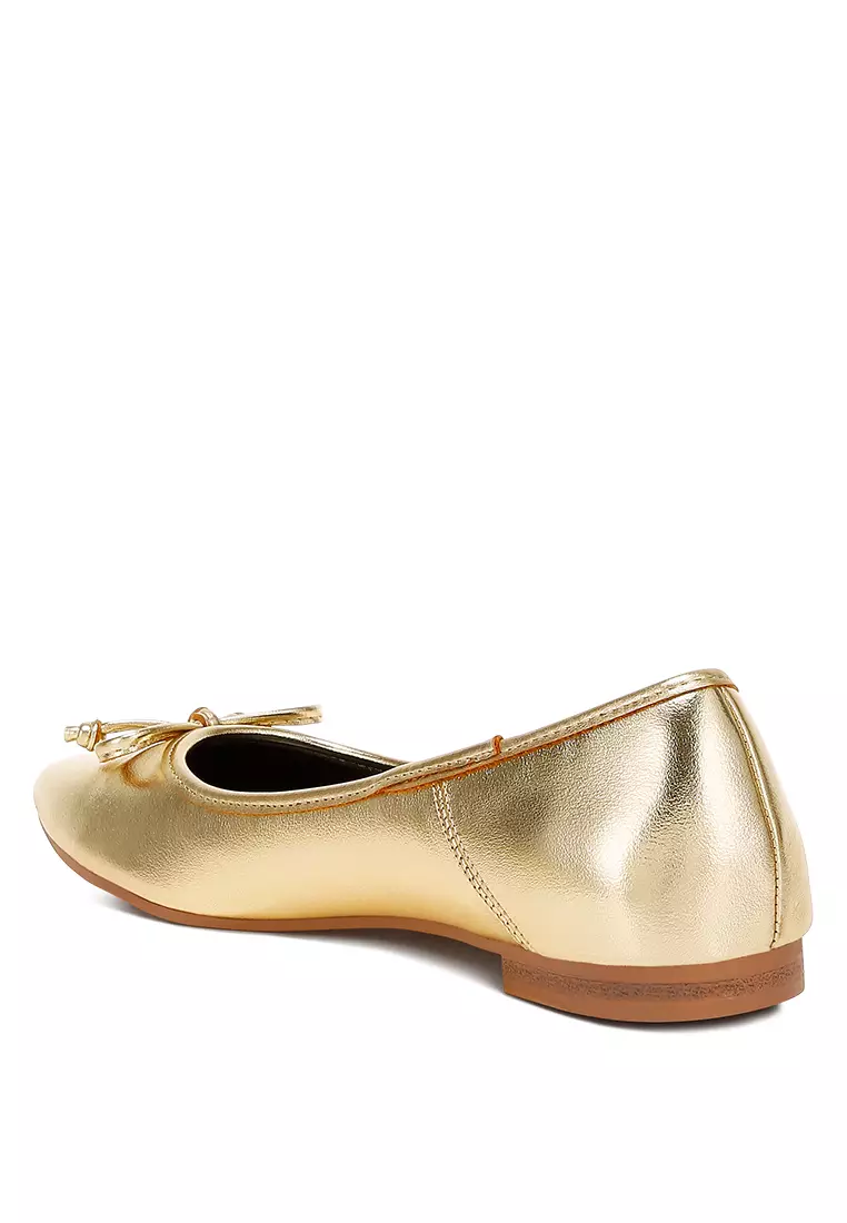 Bow Detail Metallic Ballerinas in Gold