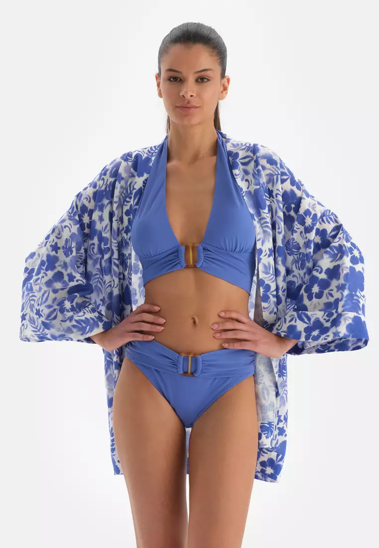 Blue - White Kimono, Floral Printed, Short Sleeve Beachwear for Women
