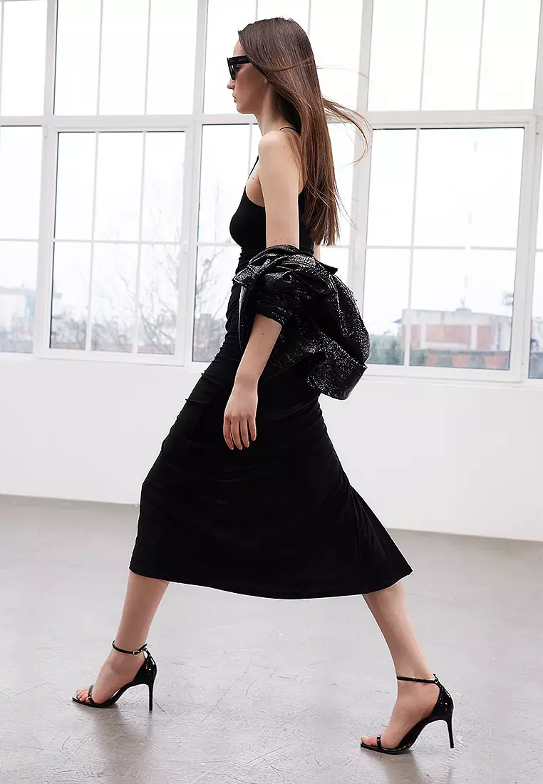 Black Halter Neck Draped Bodycon Stretchy Maxi Pencil Knit Dress