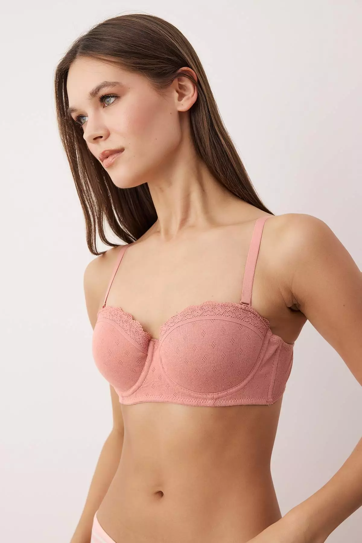 Dusty Rose Single Camisole Underwire Lace Detail Plain Fixed Cup Balconette Bra