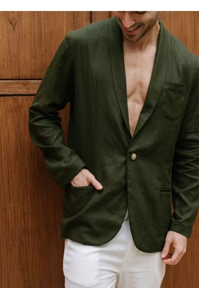 Olive Blazer Linen Pria Hijau Army - Linen Blazer Men Army Green